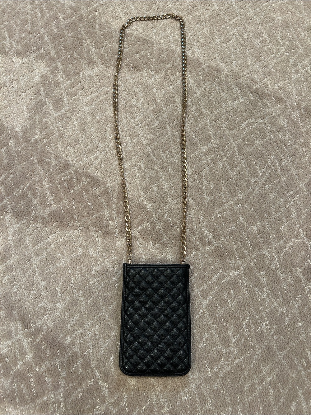 Black Quilted Crossbody Phone Pouch with Gold Chain